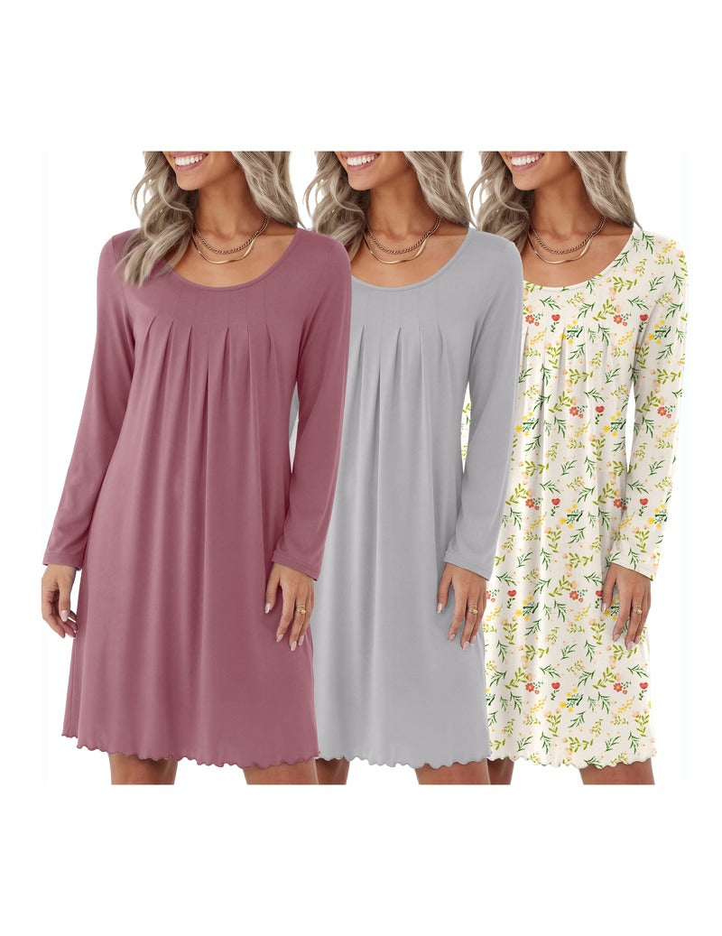 3-Pack Floral Print Crew Neck Long Sleeve A-Line Nightgown
