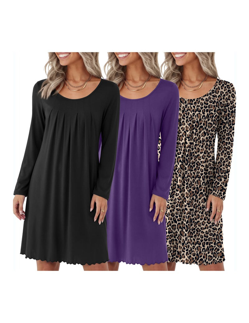 3-Pack Floral Print Crew Neck Long Sleeve A-Line Nightgown