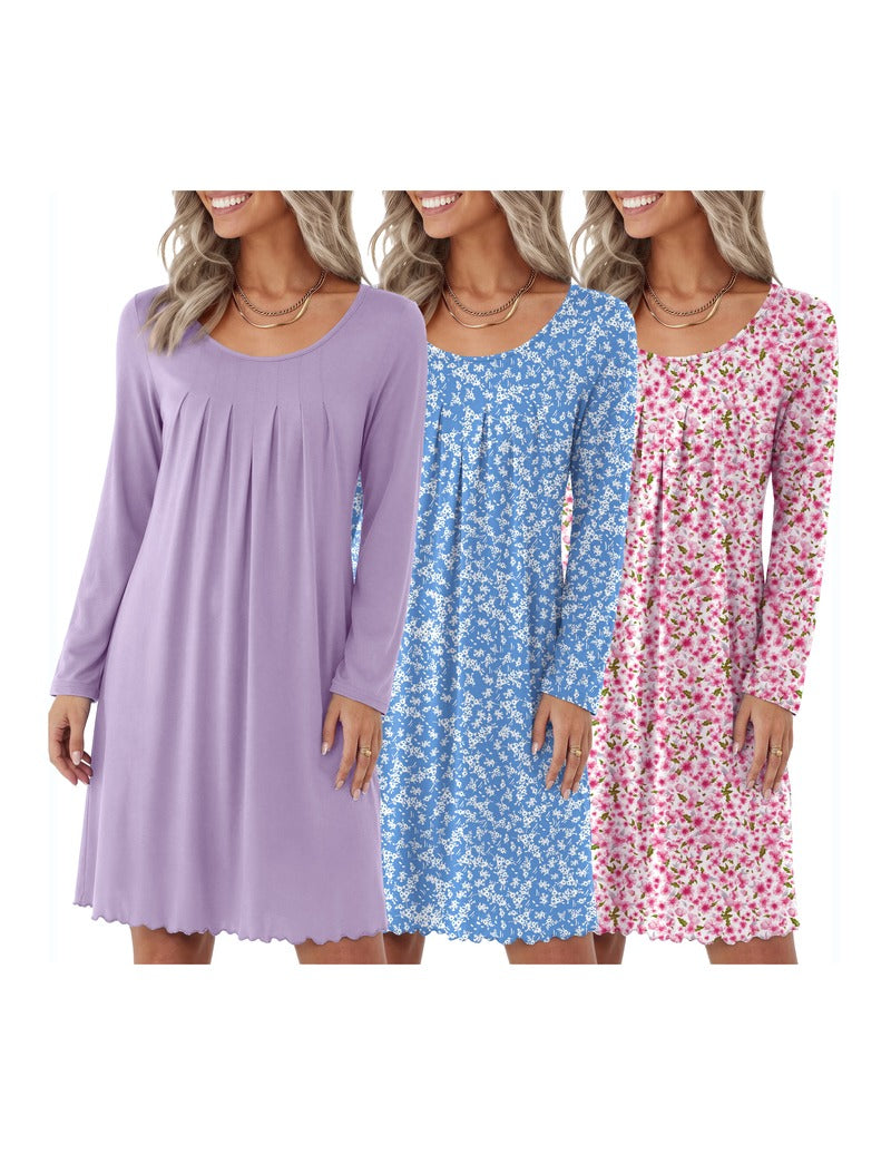 3-Pack Floral Print Crew Neck Long Sleeve A-Line Nightgown