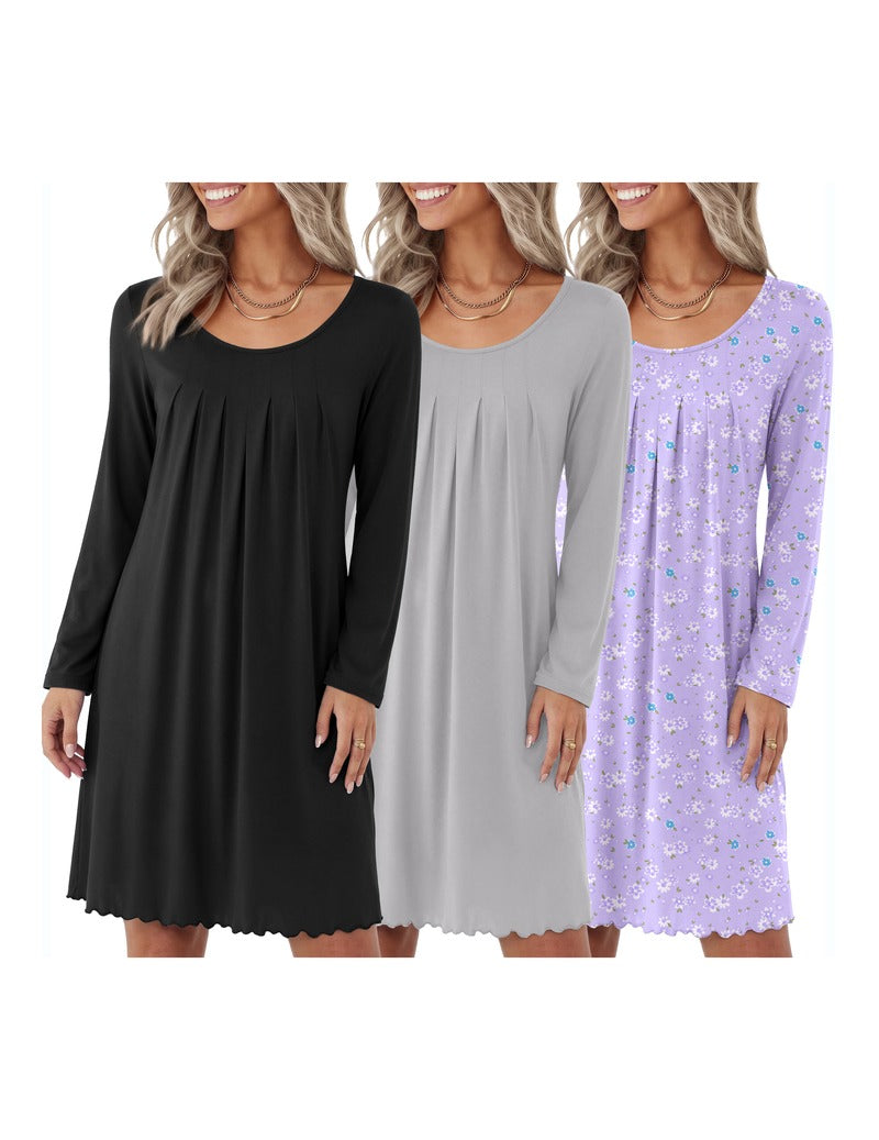 3-Pack Floral Print Crew Neck Long Sleeve A-Line Nightgown