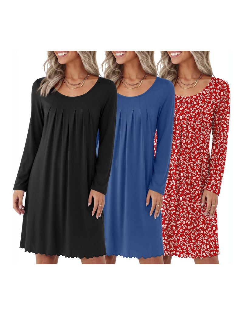3-Pack Floral Print Crew Neck Long Sleeve A-Line Nightgown
