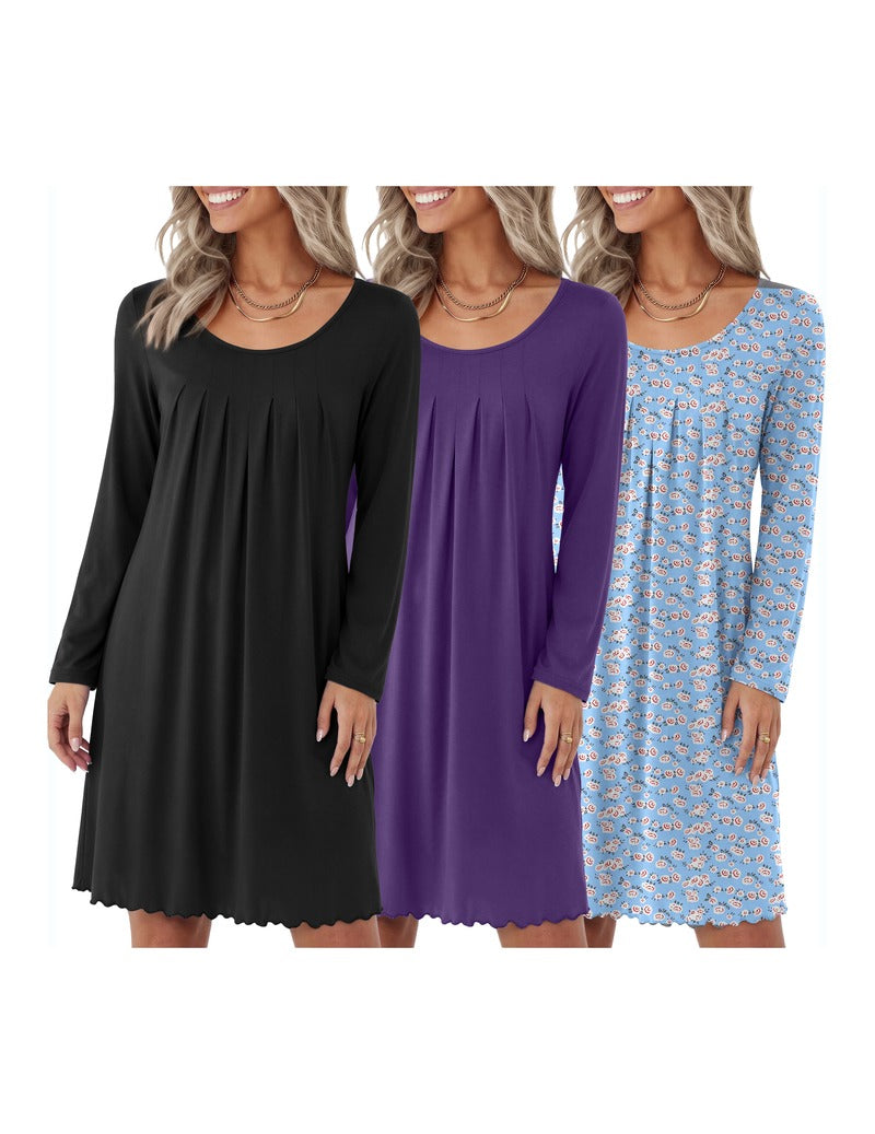 3-Pack Floral Print Crew Neck Long Sleeve A-Line Nightgown
