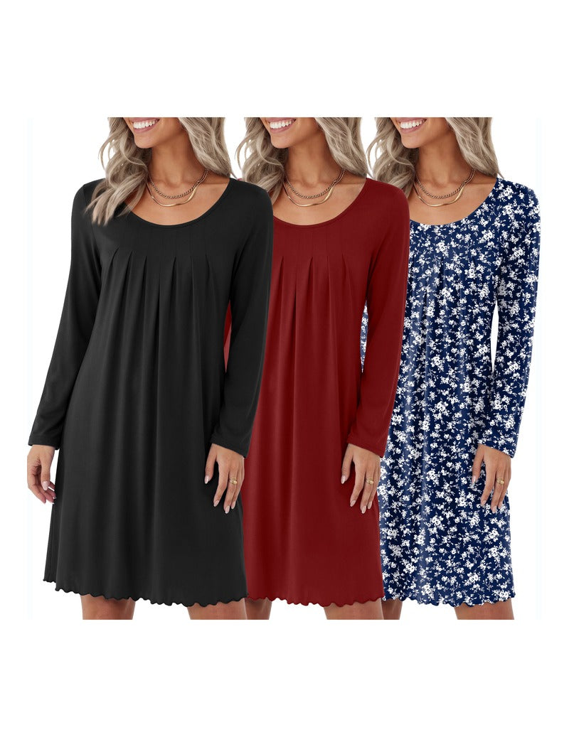 3-Pack Floral Print Crew Neck Long Sleeve A-Line Nightgown