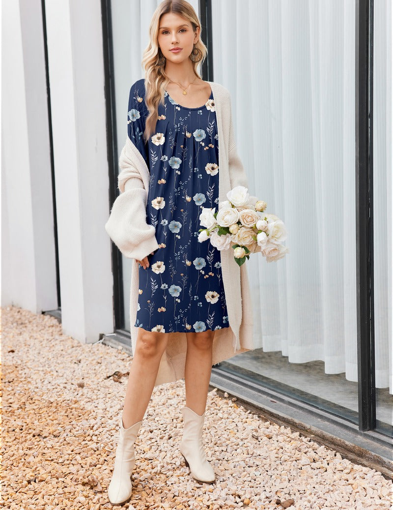 3-Pack Floral Print Crew Neck Long Sleeve A-Line Nightgown