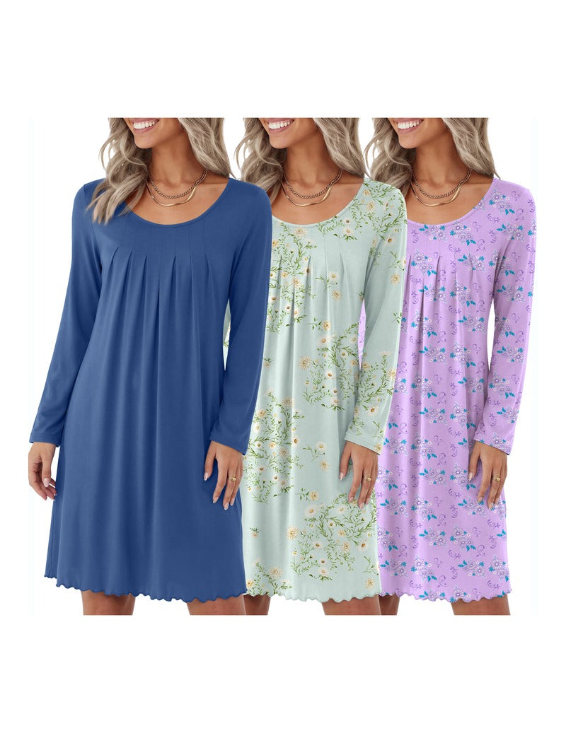 3-Pack Floral Print Crew Neck Long Sleeve A-Line Nightgown