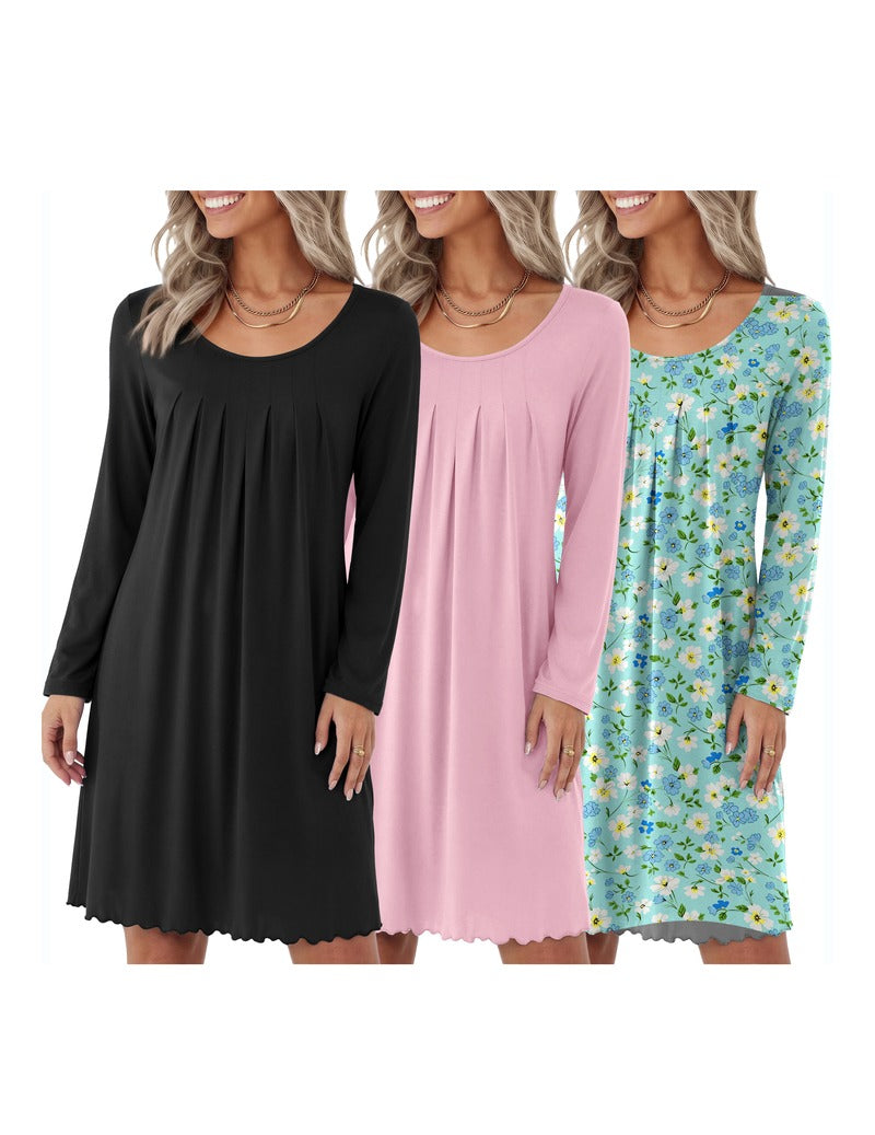 3-Pack Floral Print Crew Neck Long Sleeve A-Line Nightgown