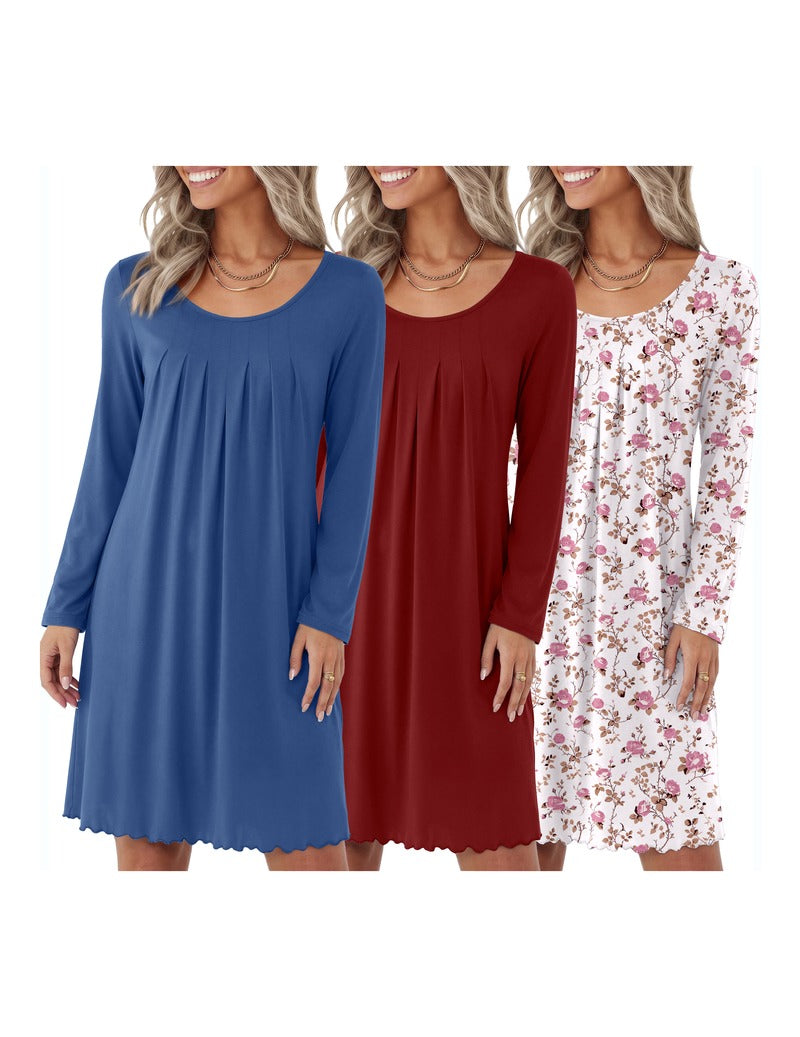 3-Pack Floral Print Crew Neck Long Sleeve A-Line Nightgown