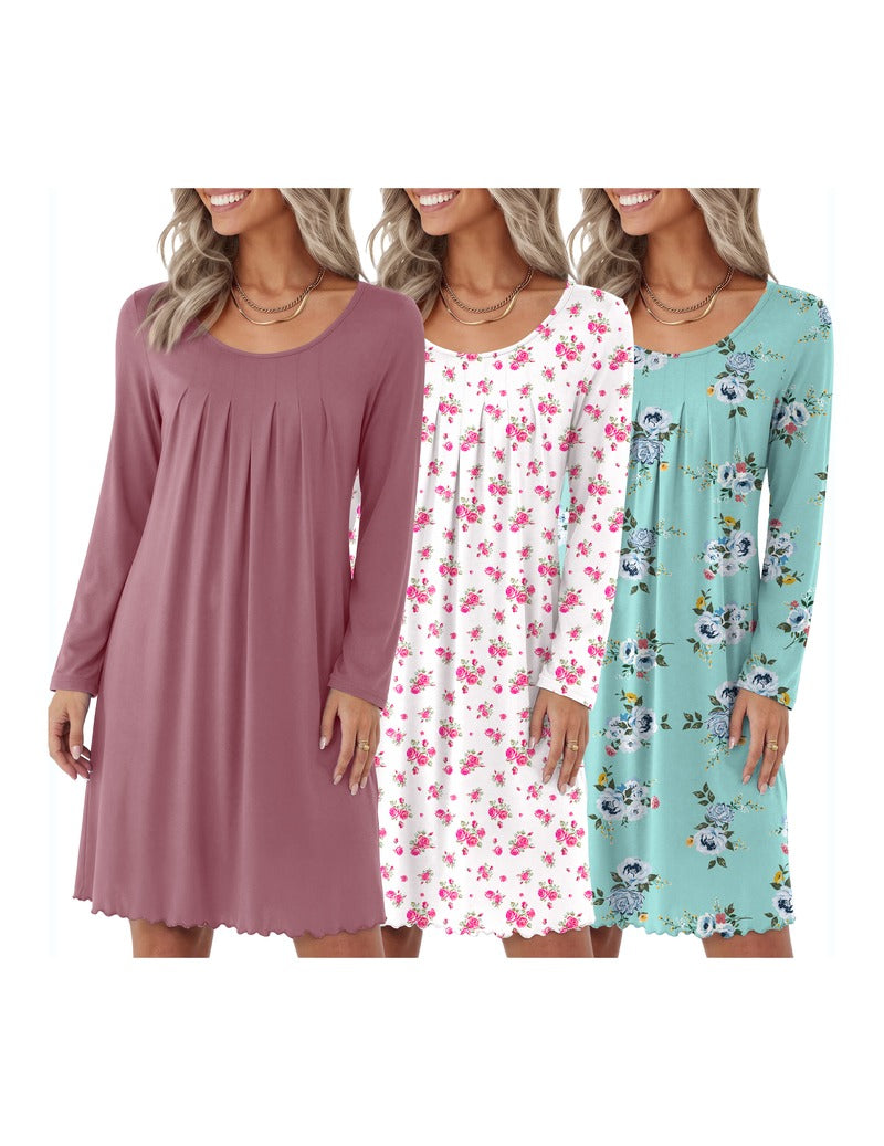 3-Pack Floral Print Crew Neck Long Sleeve A-Line Nightgown