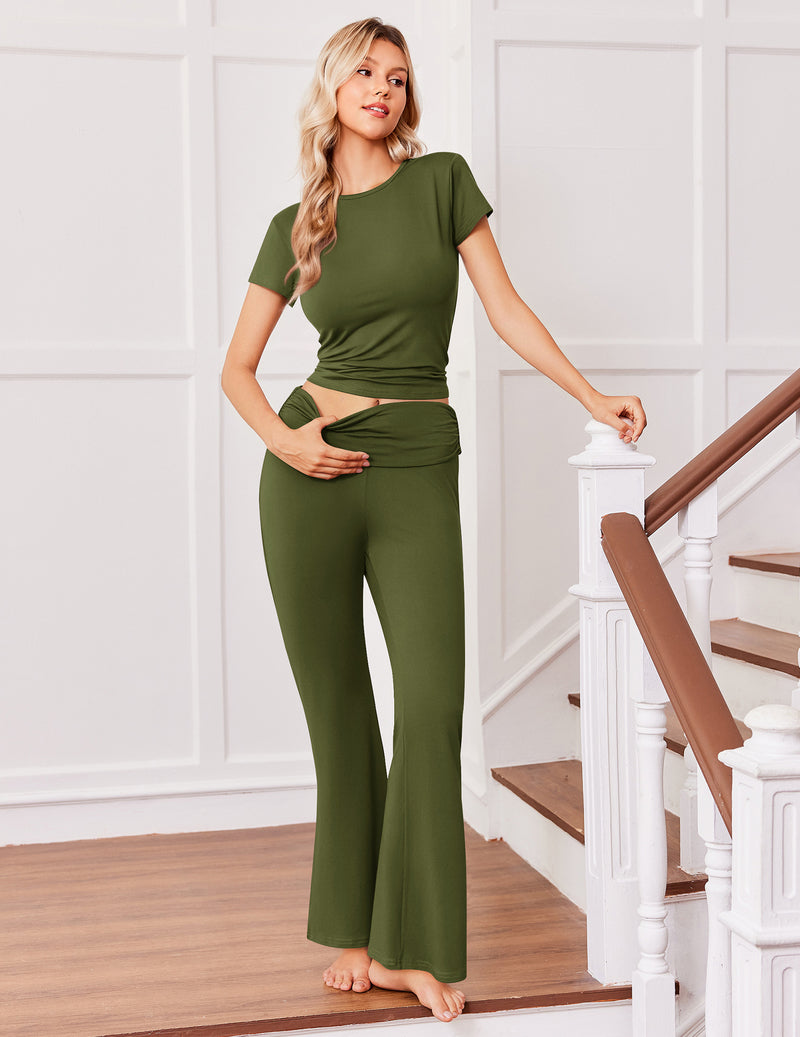 Olive green crop top and flare pants lounge set with short sleeves