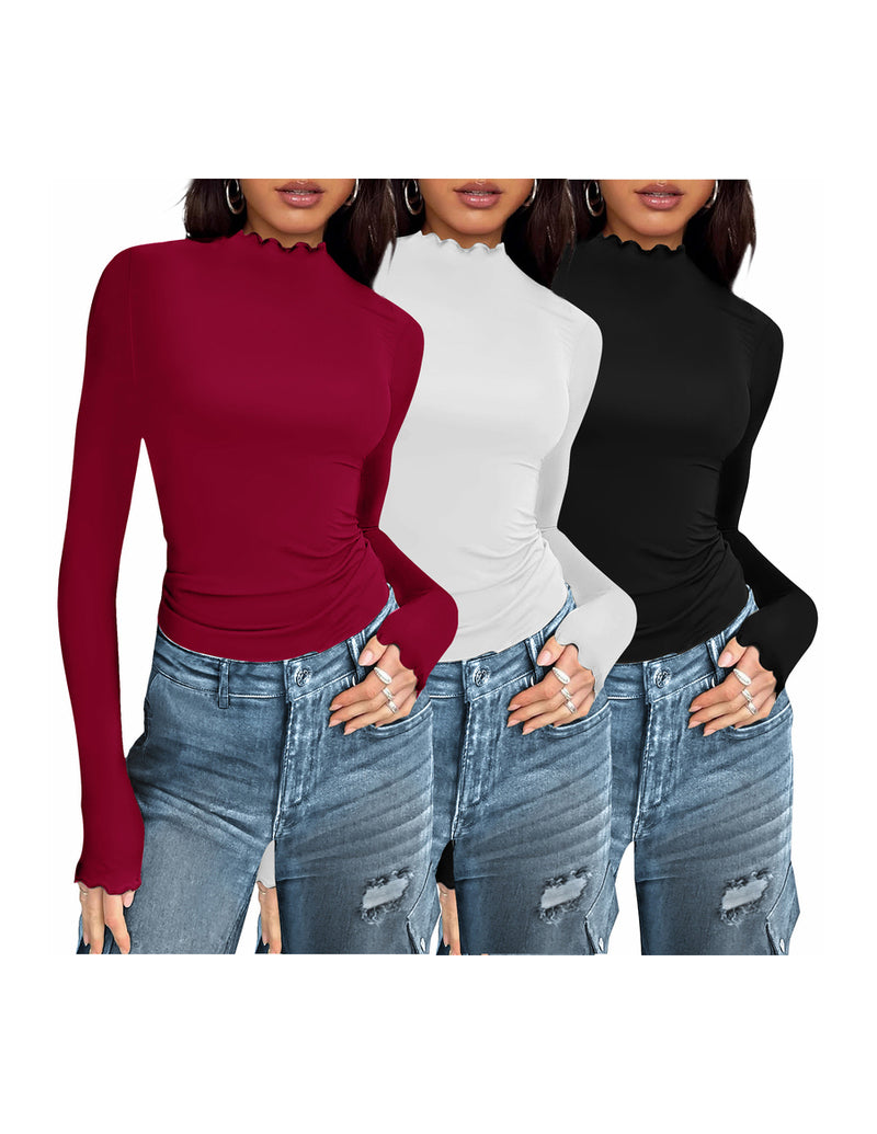 3-pack mock turtleneck thermal long-sleeve tops: dark red, white, black