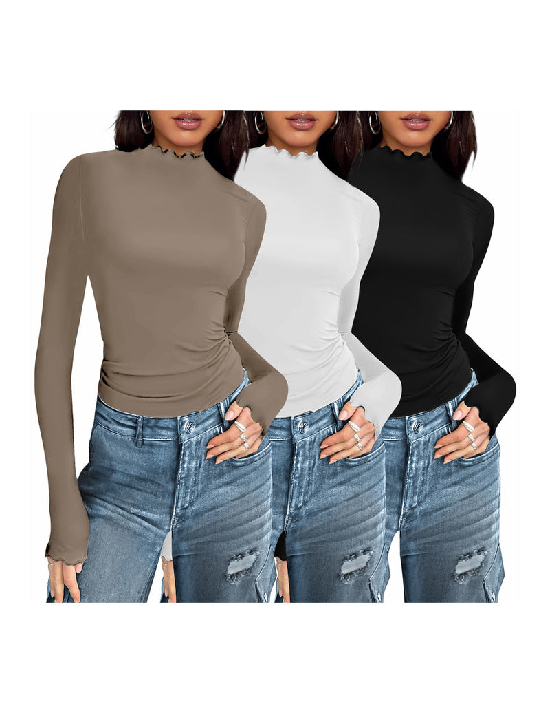 3-pack mock turtleneck thermal long-sleeve tops in olive, white, and black