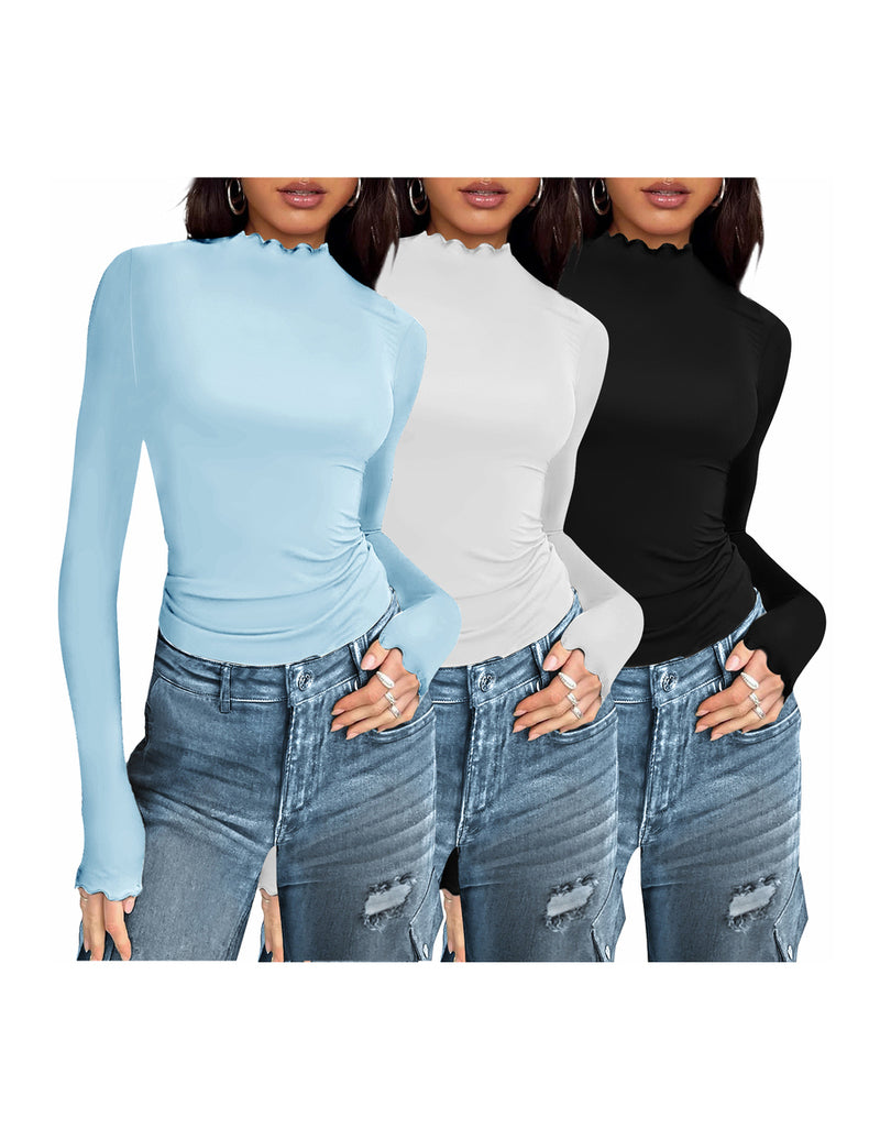 3-pack mock turtleneck thermal long-sleeve tops in light blue, white, and black