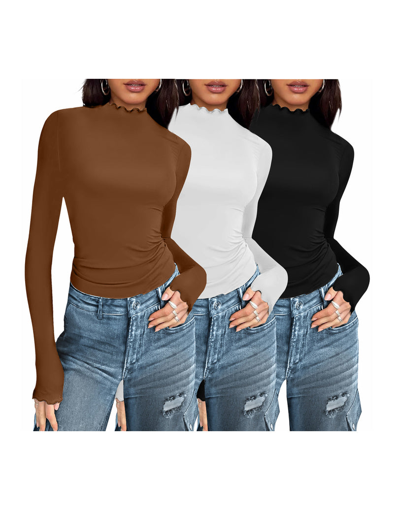 3-pack mock turtleneck thermal long-sleeve tops in brown, white, and black