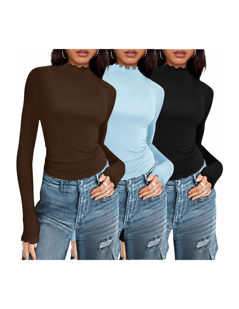 3-pack mock turtleneck thermal long-sleeve tops in dark brown, light blue, and black