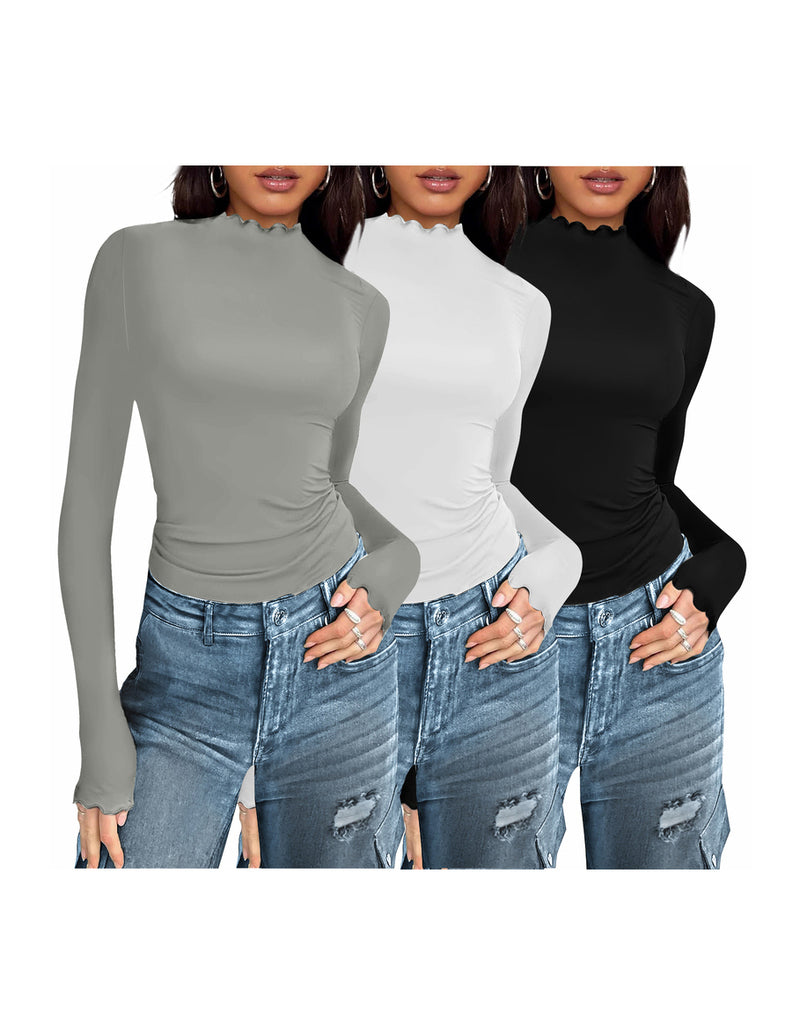 3-pack mock turtleneck thermal long-sleeve tops: gray, white, black