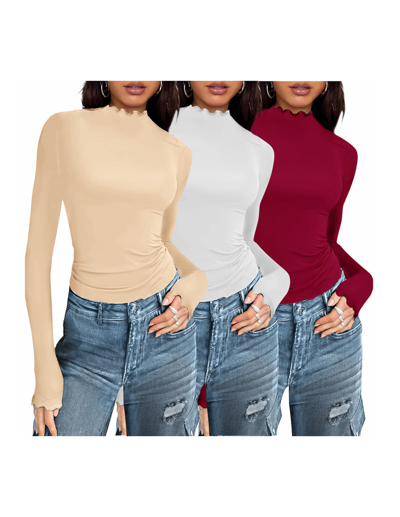 3-pack mock turtleneck thermal long-sleeve tops: beige, white, dark red