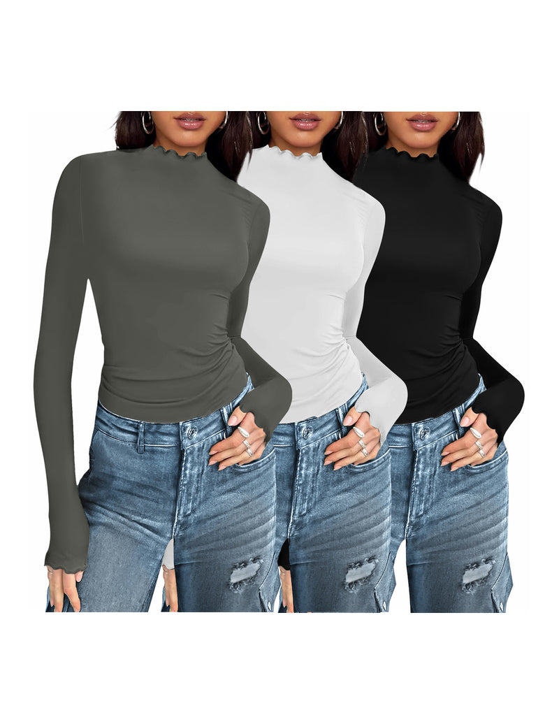 3-pack mock turtleneck thermal long-sleeve tops in dark gray, white, and black