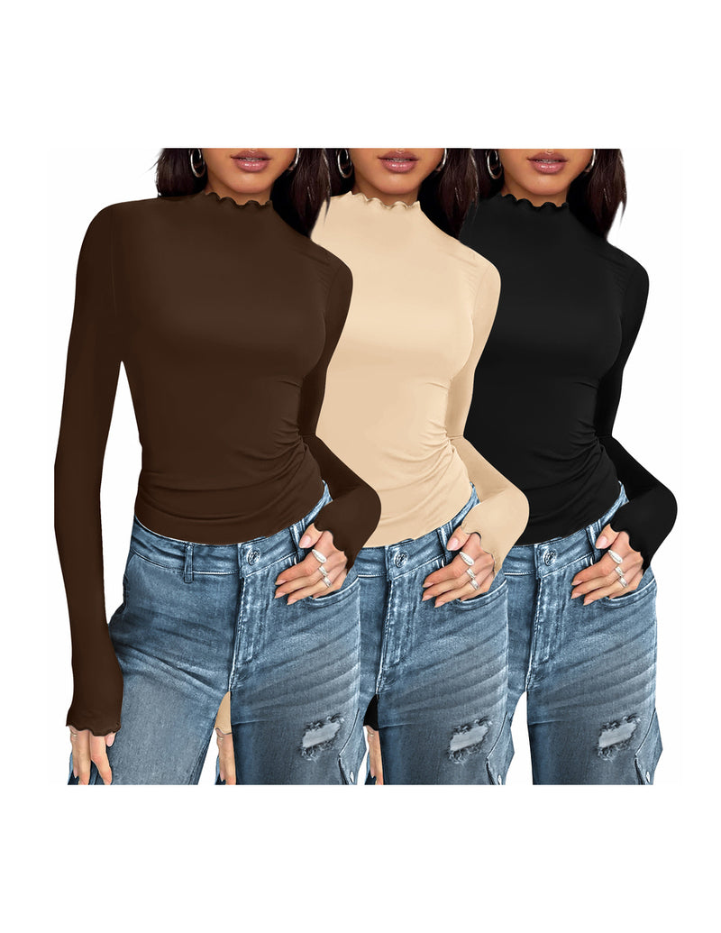 3-pack mock turtleneck thermal long-sleeve tops in dark brown, beige, and black