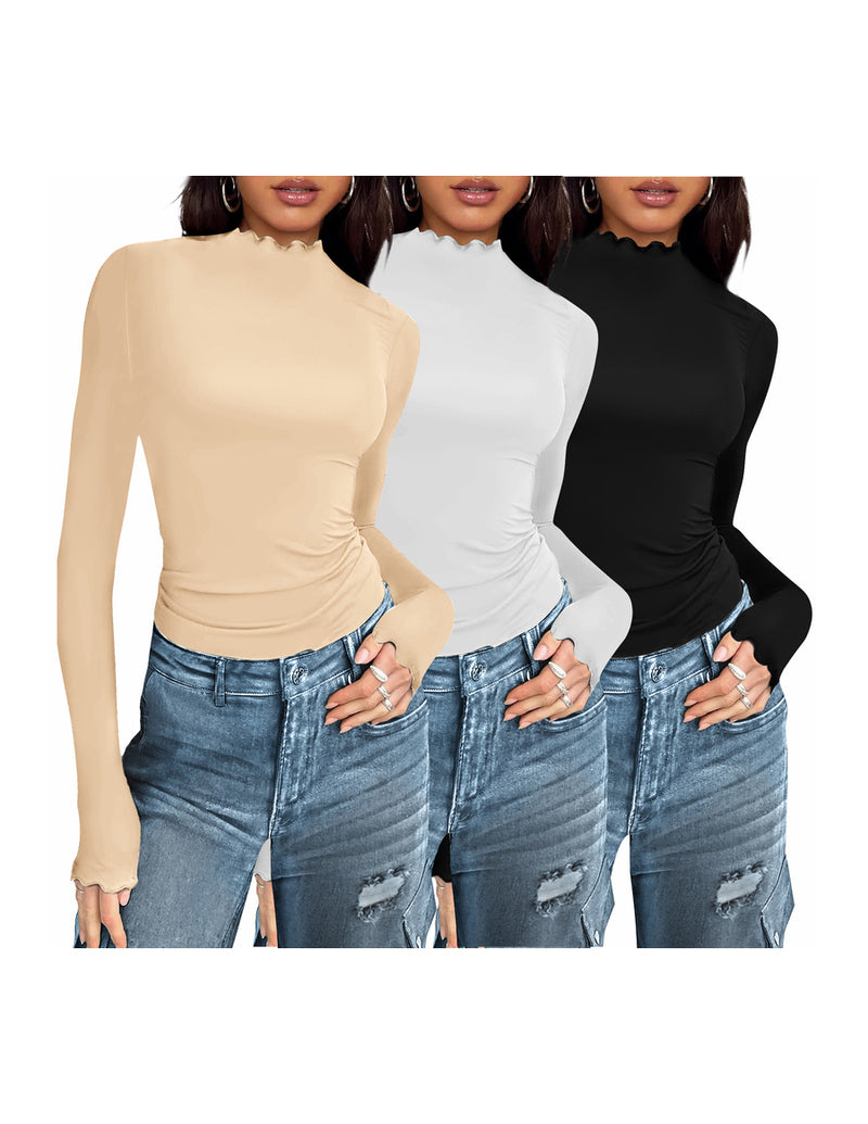 3-pack mock turtleneck thermal long-sleeve tops: beige, white, black