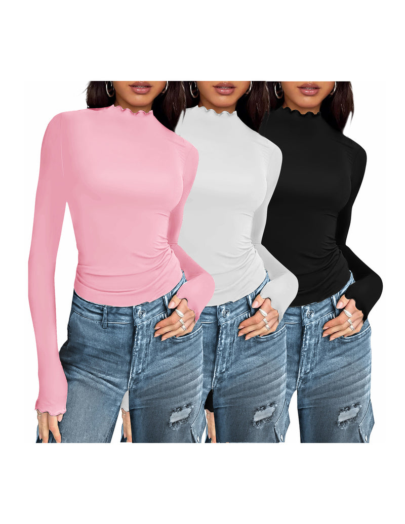3-pack mock turtleneck thermal long-sleeve tops: light pink, white, black