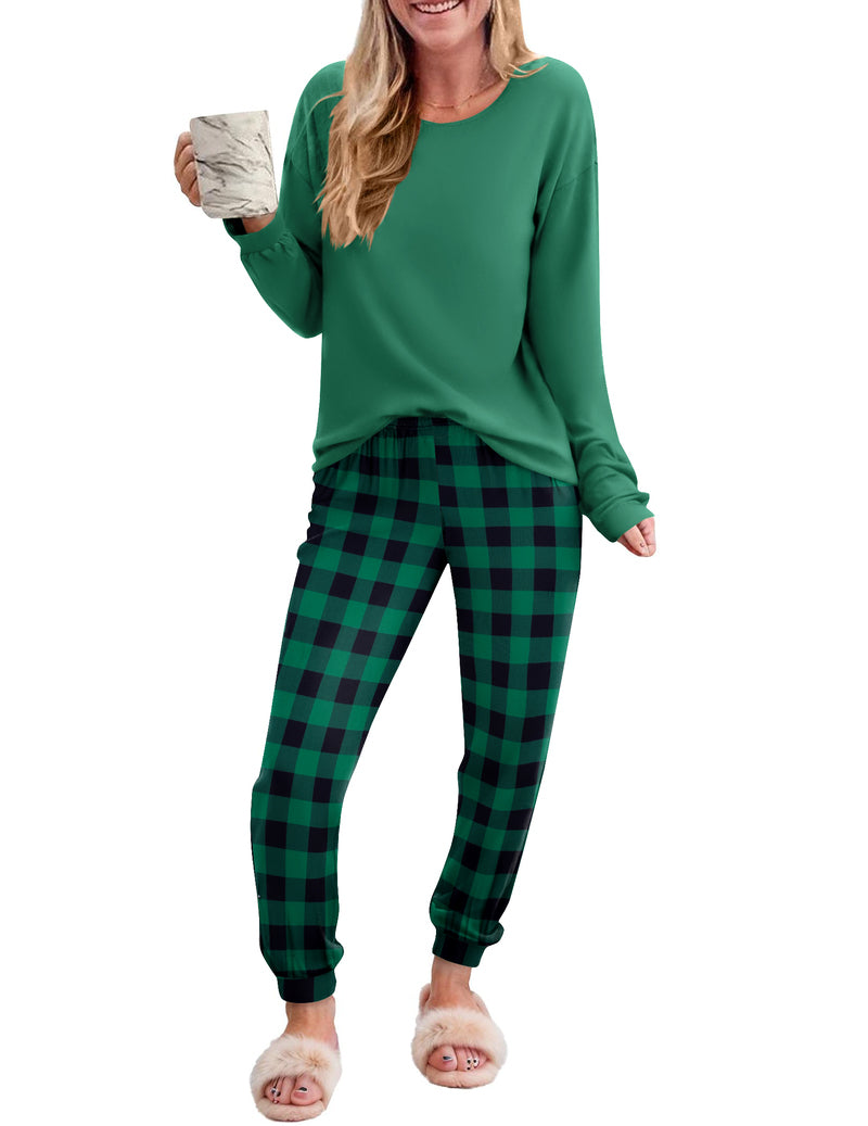 2 Piece Plaid Pjs Long Sleeve Lounge Sets