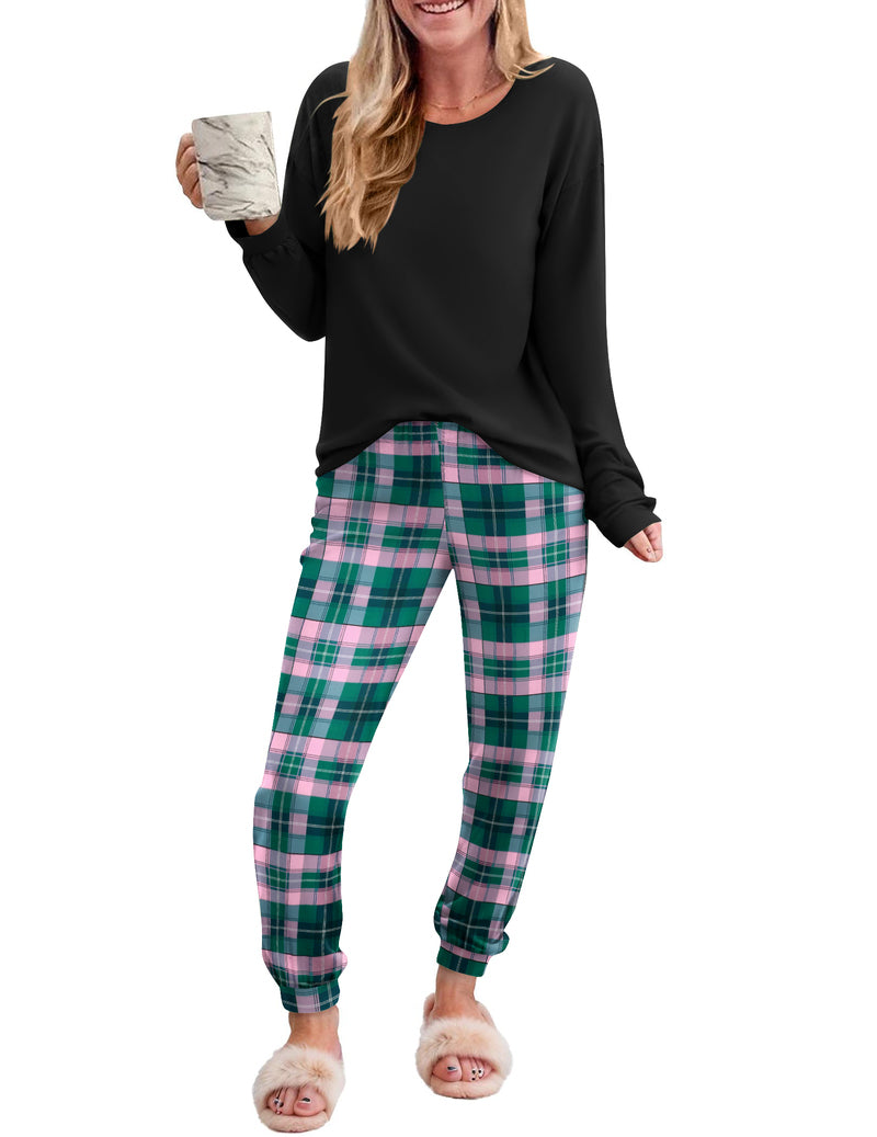 2 Piece Plaid Pjs Long Sleeve Lounge Sets