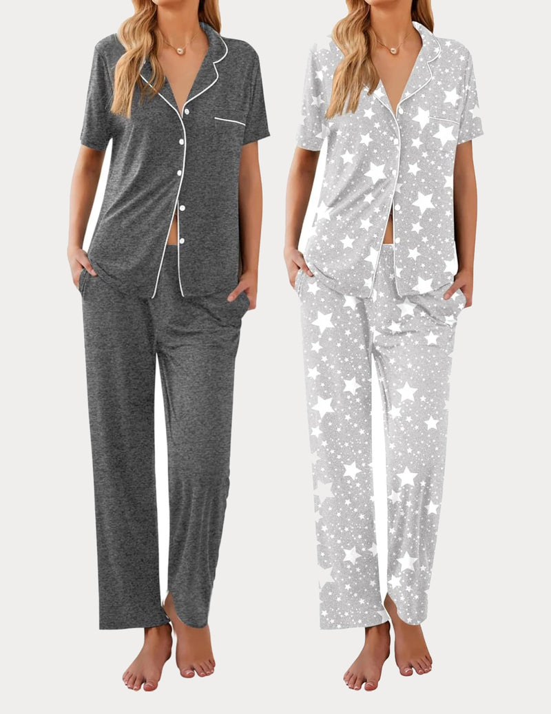 Ekouaer 2 Pack Pajamas Button Up Loungewear Cozy Sets