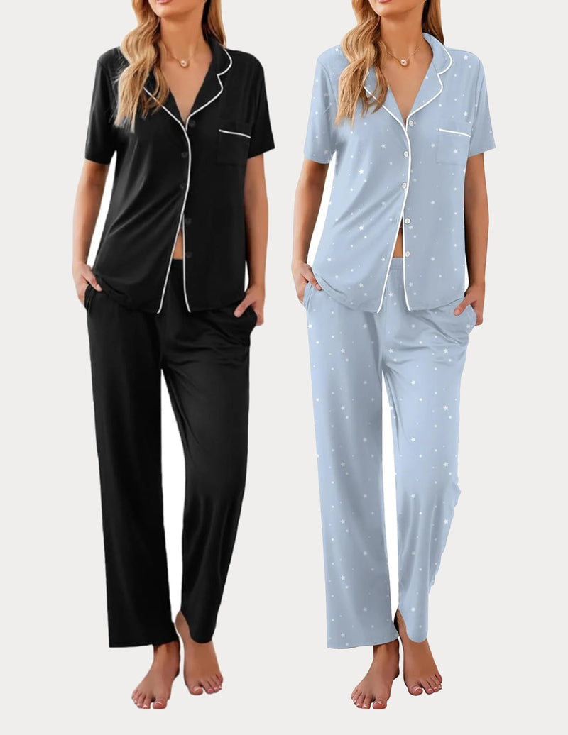 Ekouaer 2 Pack Pajamas Button Up Loungewear Cozy Sets