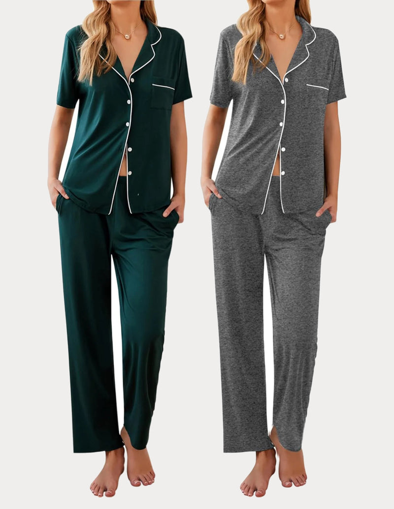 Ekouaer 2 Pack Pajamas Button Up Loungewear Cozy Sets