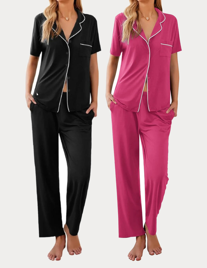 Ekouaer 2 Pack Pajamas Button Up Loungewear Cozy Sets