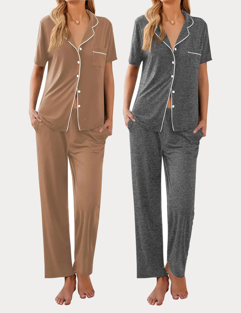 Ekouaer 2 Pack Pajamas Button Up Loungewear Cozy Sets