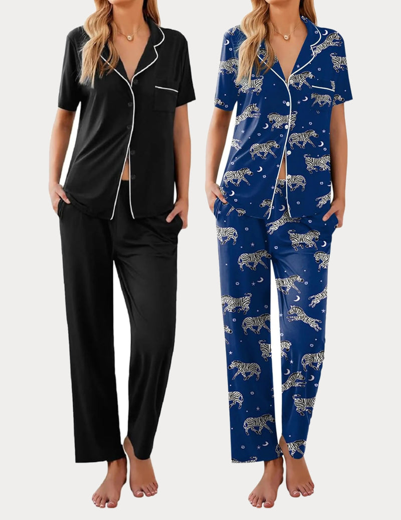 Ekouaer 2 Pack Pajamas Button Up Loungewear Cozy Sets