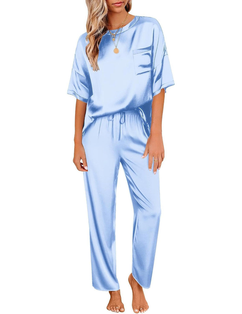 Silky Satin Short Sleeve Top & Wide Leg Pants 2-Piece Lounge Set