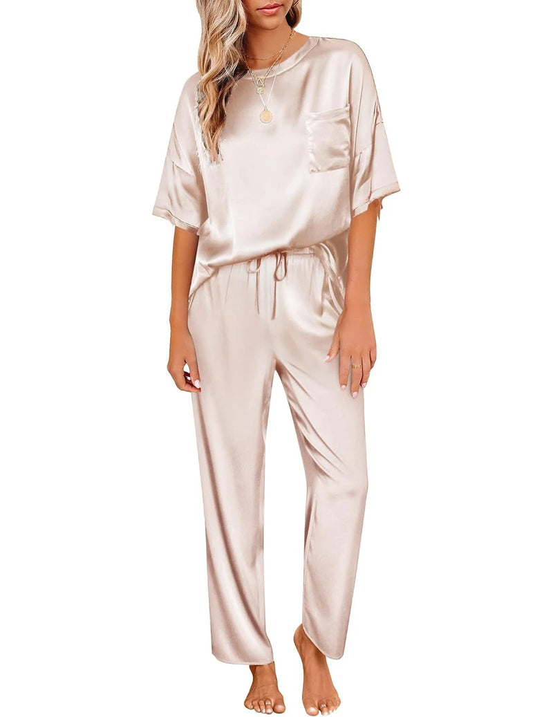 Silky Satin Short Sleeve Top & Wide Leg Pants 2-Piece Lounge Set