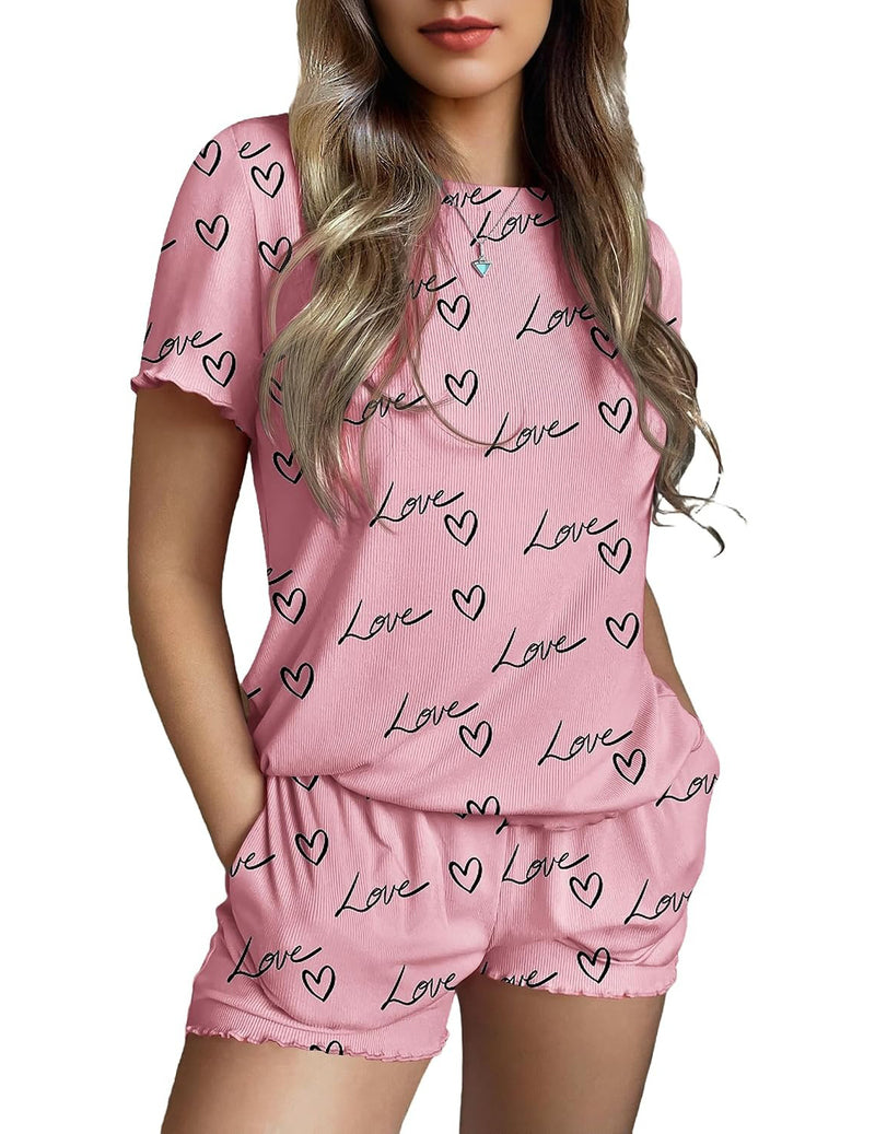 Ekouaer 2-Piece Ribbed Knit Short Sleeve Pajama Set