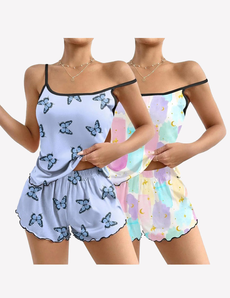 2 Pack Cami Pajama Sets Cute Print Tank Top Pjs and Shorts