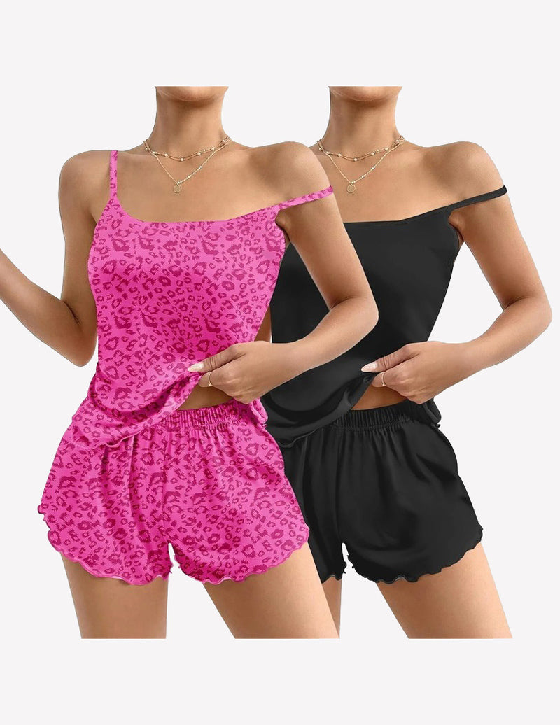 2 Pack Cami Pajama Sets Cute Print Tank Top Pjs and Shorts