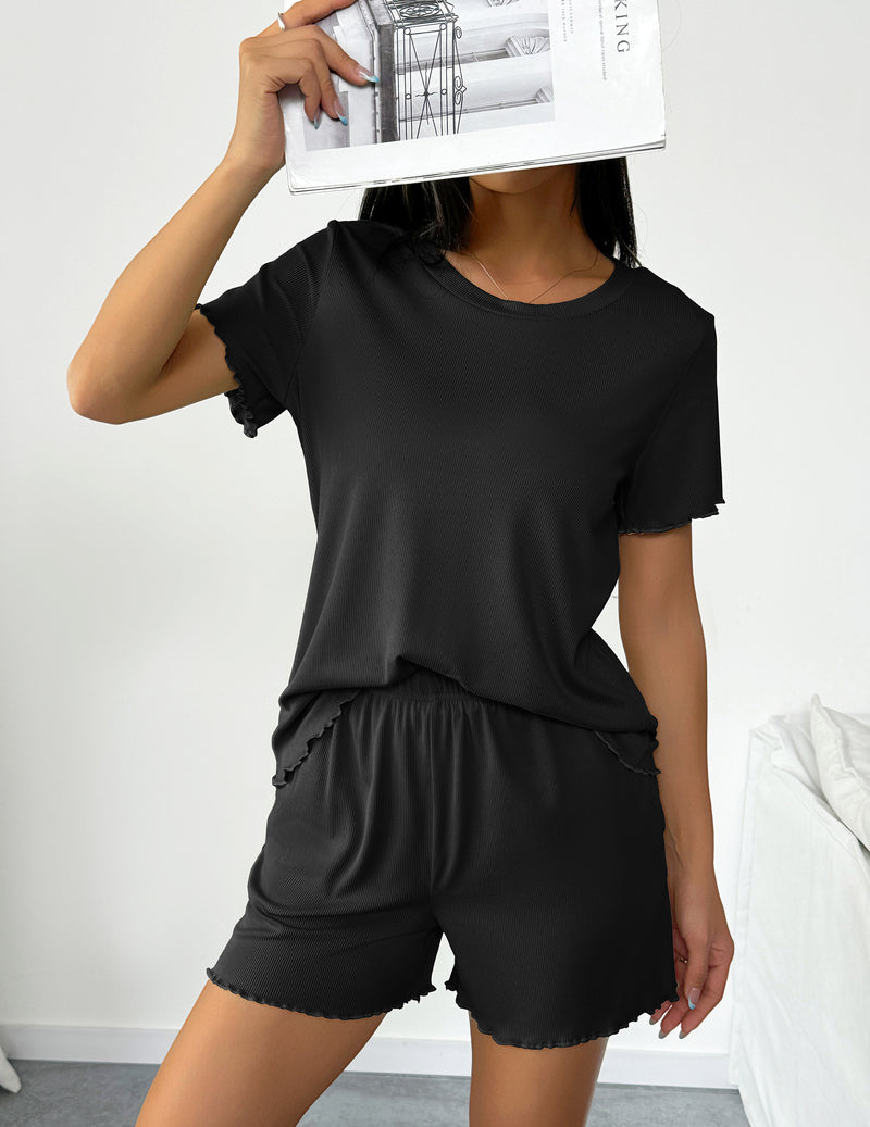 Black short-sleeve pajama set with elastic waist drawstring shorts