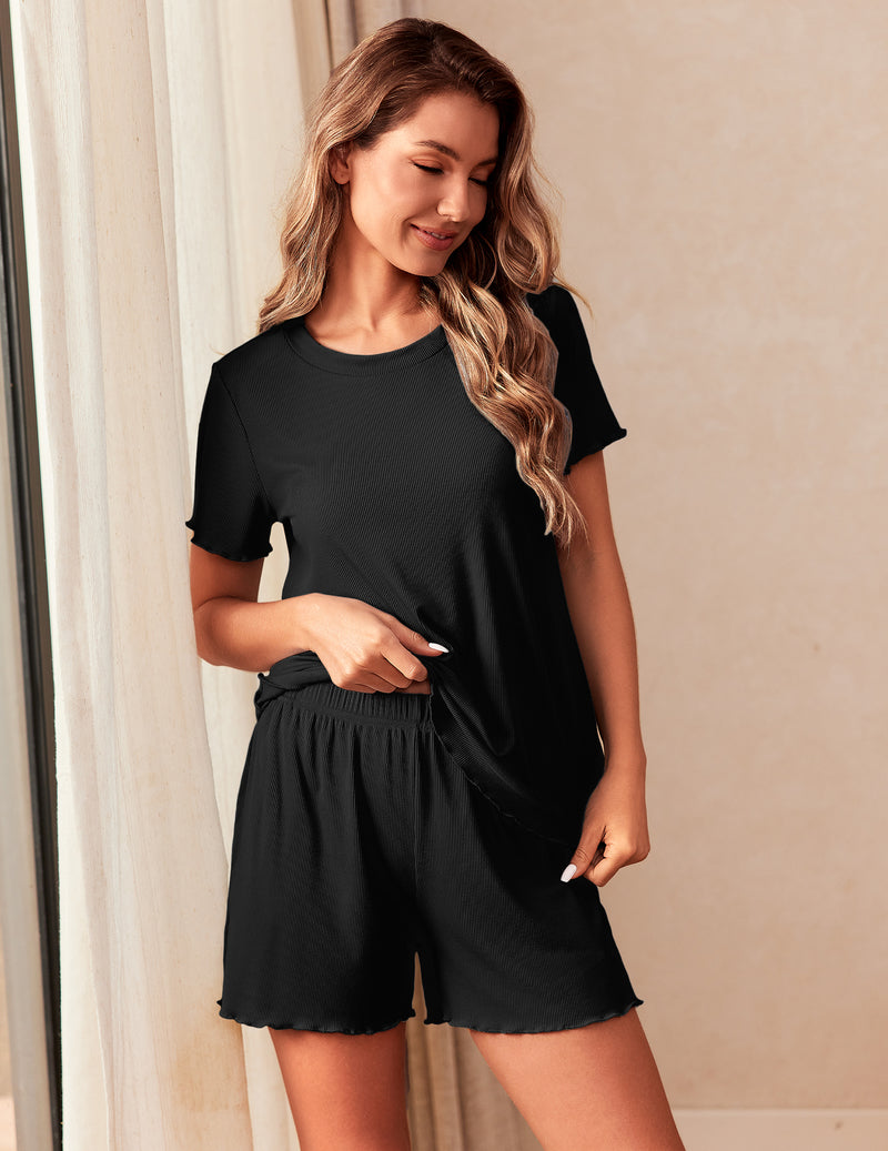 Black short sleeve pajama set with gathered waist shorts and scalloped trim