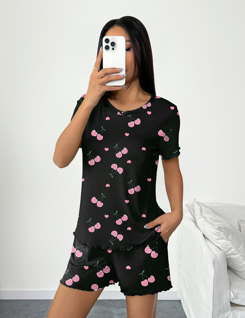 Short-sleeve pajama set with elastic waist shorts, black with pink heart print