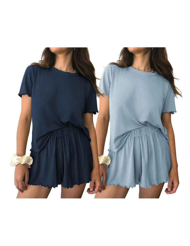 Short-sleeve pajama set with elastic waist shorts, navy blue and light blue