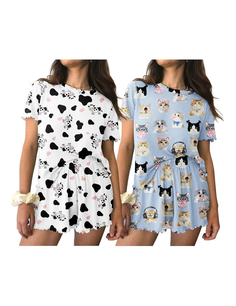 Short-sleeve pajama set with elastic waist shorts, white and light blue animal prints