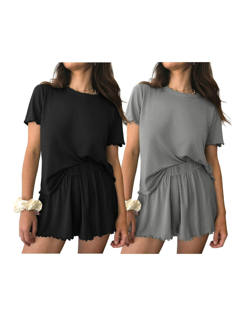 Women's pajama set, black and gray short-sleeve top with elastic waist ruffle shorts