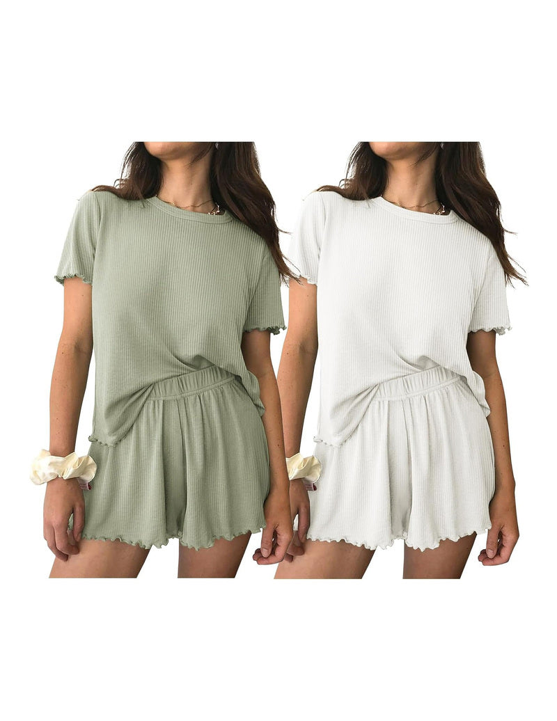 Short-sleeve pajama set with elastic waist shorts, sage green and white
