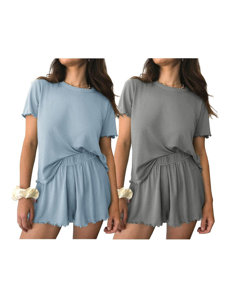 2-pack short sleeve pajama sets with gathered waist and ruffled shorts, blue and grey