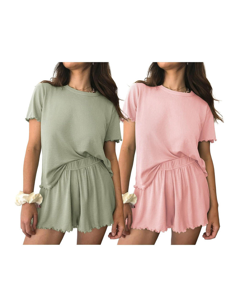 2-pack short sleeve pajama sets with gathered waist and ruffled shorts, sage green and blush pink