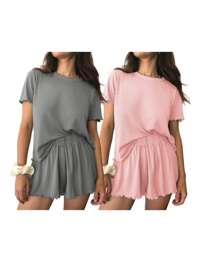 2-pack short sleeve pajama sets with gathered waist and ruffled shorts, grey and pink