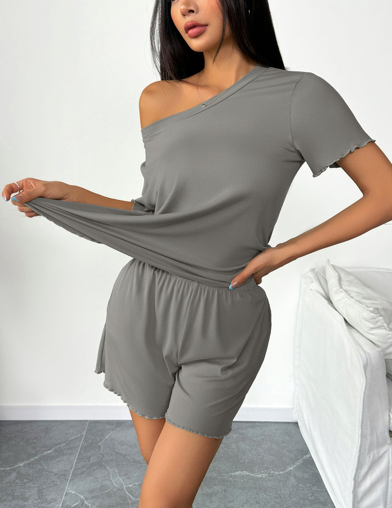 Gray short sleeve pajama set with elastic-waist shorts and side ties