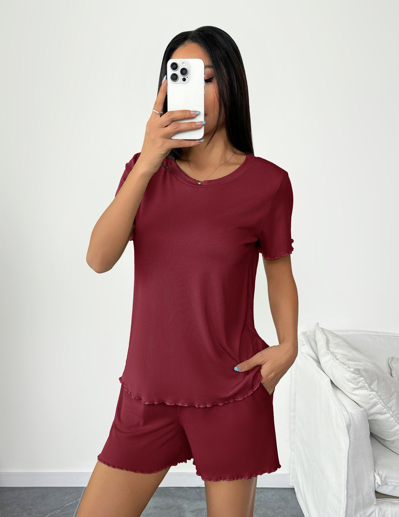 Burgundy short-sleeve pajama set with ruffled hem and elastic-waist shorts