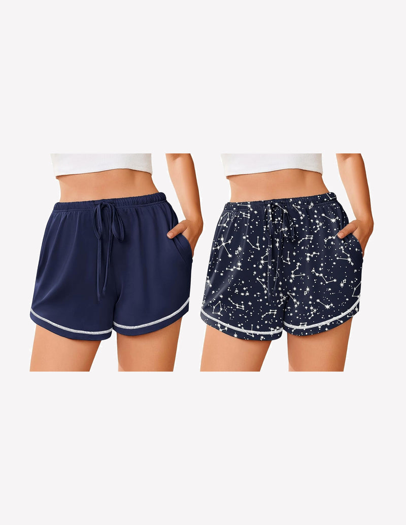 Women’s pajama shorts set, solid navy and navy with white speckle print, drawstring waist